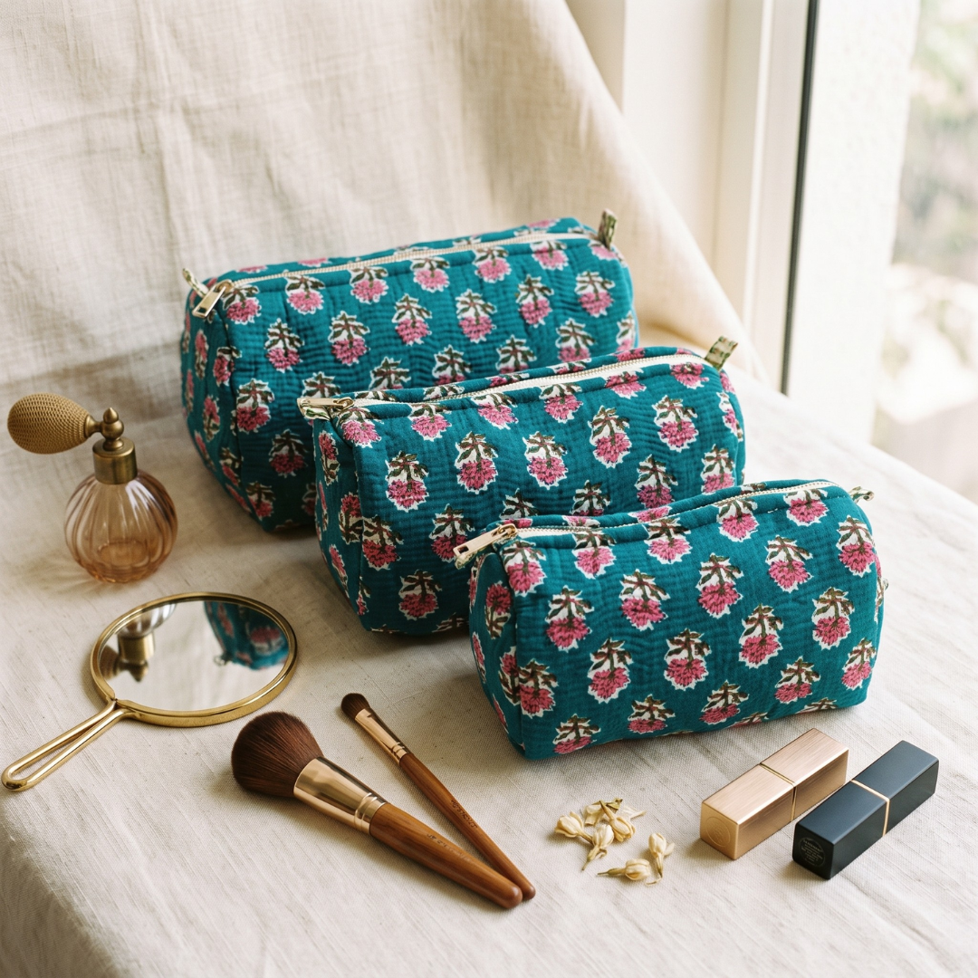 3-Piece Quilted Jaipuri Cosmetic & Travel Pouch Set Combo - Butti