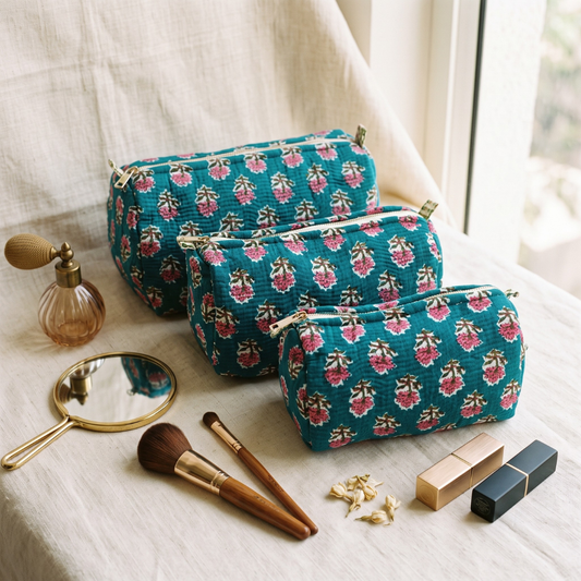 3-Piece Quilted Jaipuri Cosmetic & Travel Pouch Set Combo - Butti