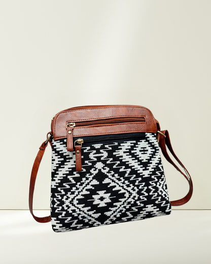 Jacquard Multi-zipper Sling Bag For Women - Black Tribal Weave - Surovi Bags