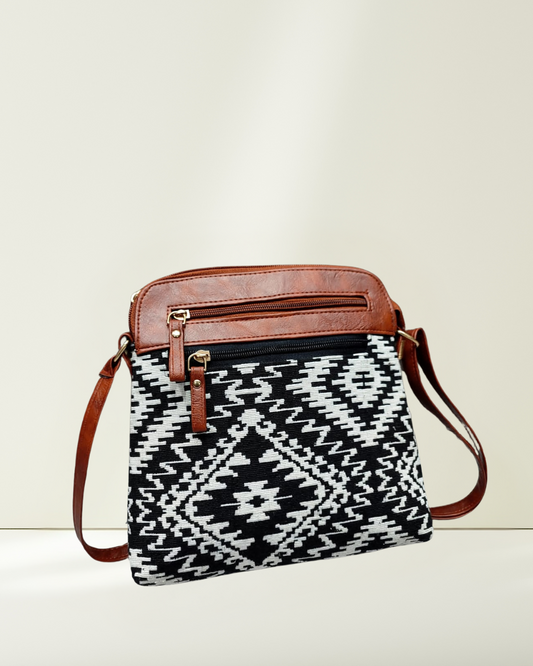 Jacquard Multi-zipper Sling Bag For Women - Black Tribal Weave