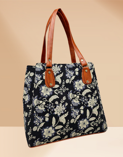 3 Partition Tote Bag for Women - Black Kalamkari