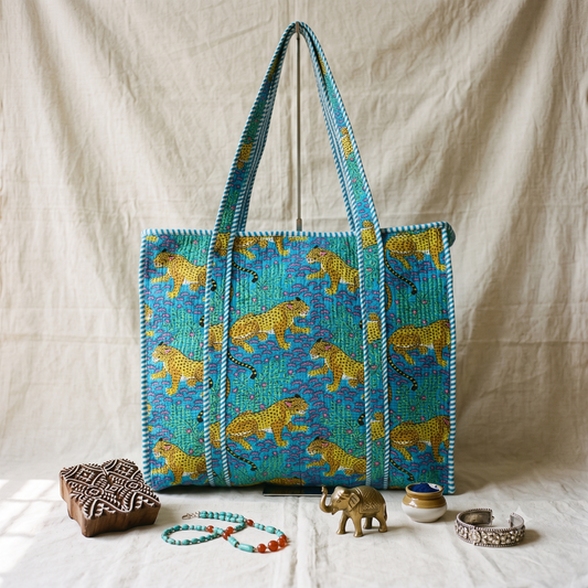 Quilted Jaipuri Tote Bag - Tiger Print - Surovi Bags