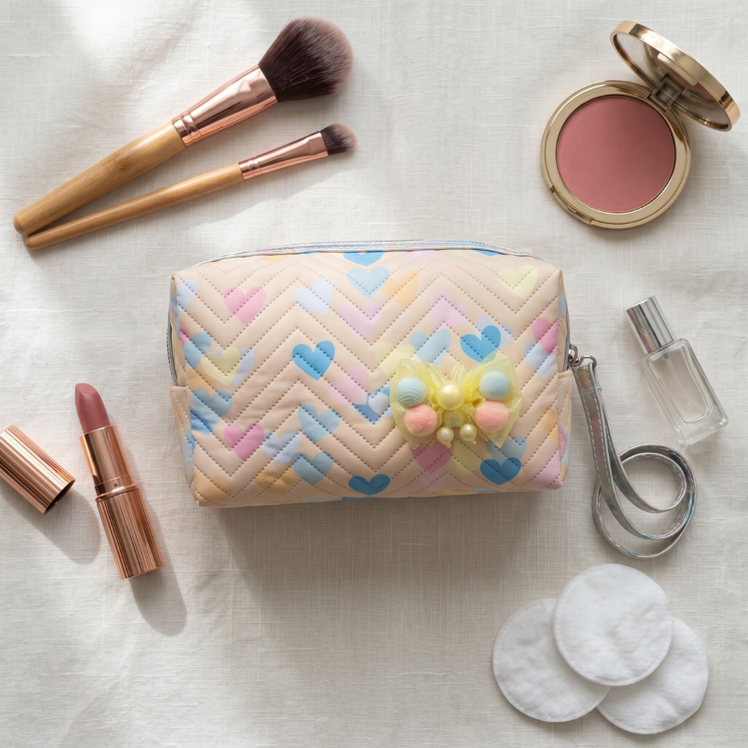 Premium Quilted Floral Cosmetic Pouch - Onion Pink