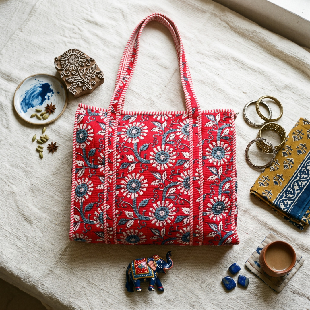 Quilted Jaipuri Tote Bag - Red Kalamkari