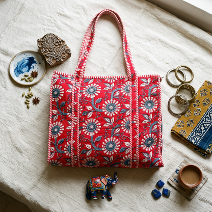 Quilted Jaipuri Tote Bag - Red Kalamkari