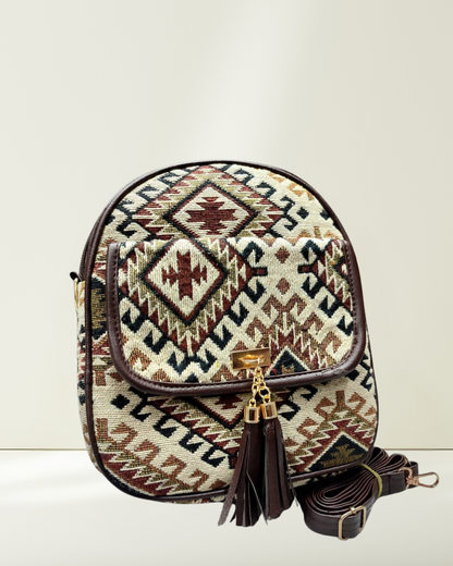 Jacquard Convertible Backpack cum Sling Bag - Cream