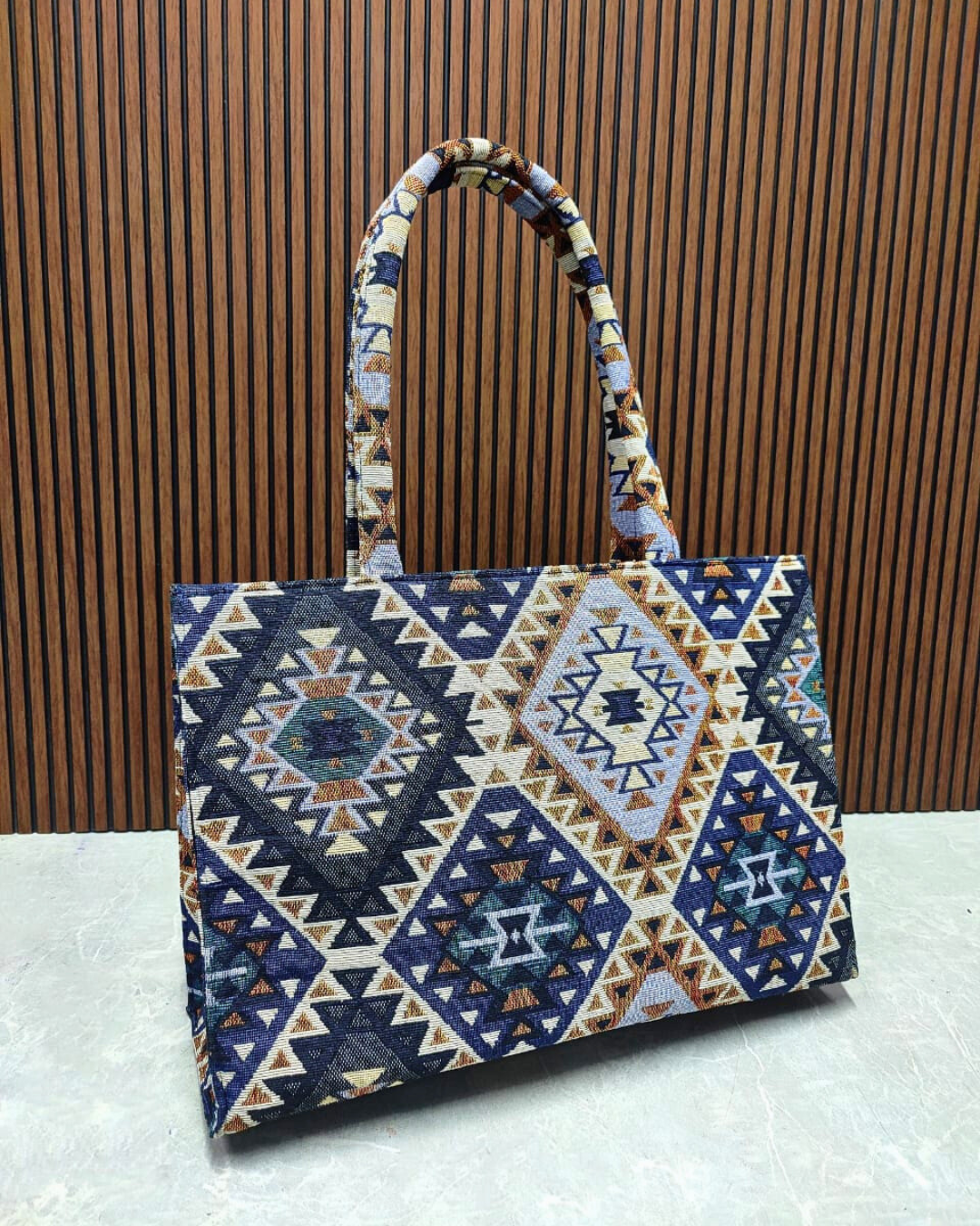 Jacquard Box Tote Bag for Women - Navy Blue Weave