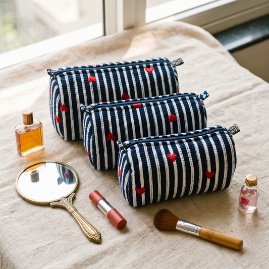 3-Piece Quilted Jaipuri Cosmetic & Travel Pouch Set Combo -  Dark Blue