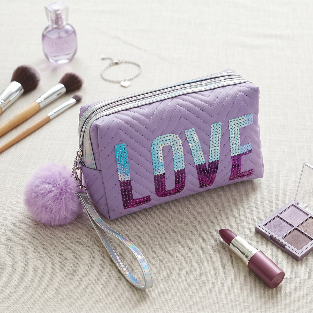 Premium Quilted LOVE Cosmetic Pouch - Purple - Surovi Bags