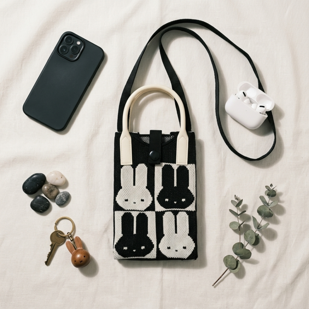 Premium Knitted Mobile Sling Bag - Black and White Rabbit