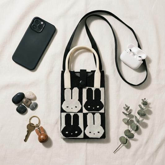 Premium Knitted Mobile Sling Bag - Black and White Rabbit