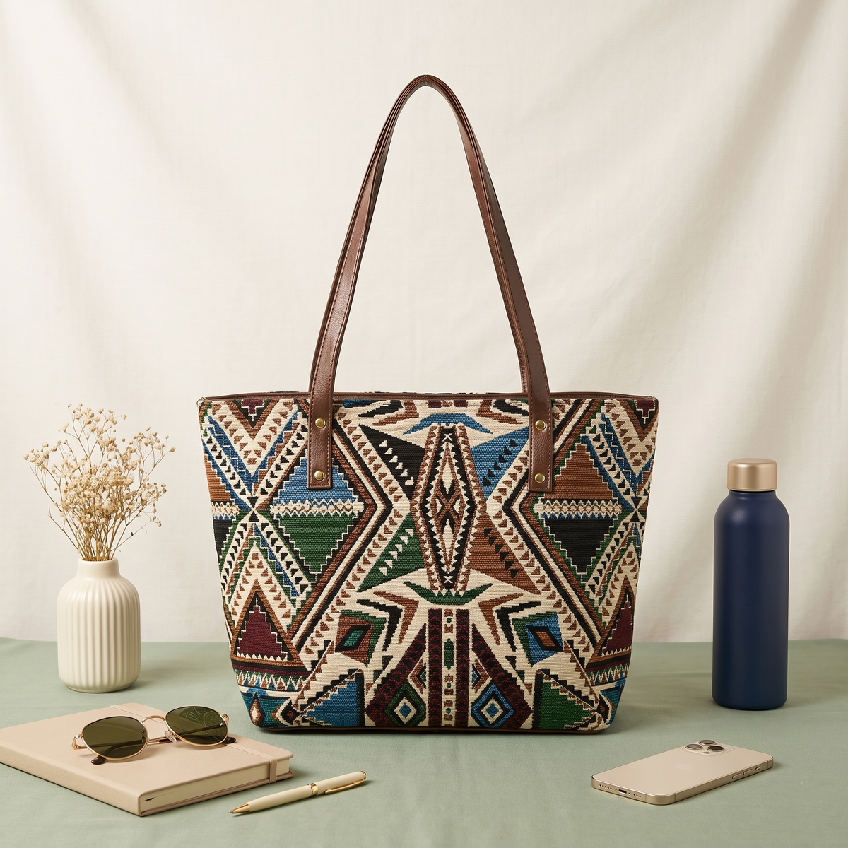 Everyday Jacquard Tote bags for Women - Green Tribal Weave