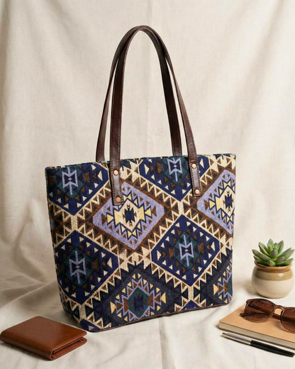 Everyday Jacquard Tote bags for Women - Blue Tribal Weave