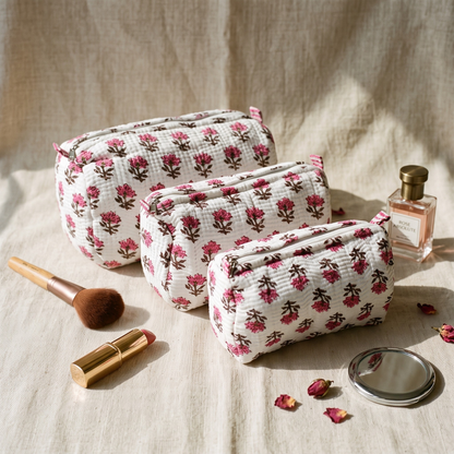 3-Piece Quilted Jaipuri Cosmetic & Travel Pouch Set Combo - White Butti