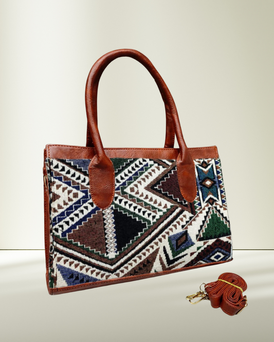 Women Urban Jacquard Handbag - Green Tribal Weave