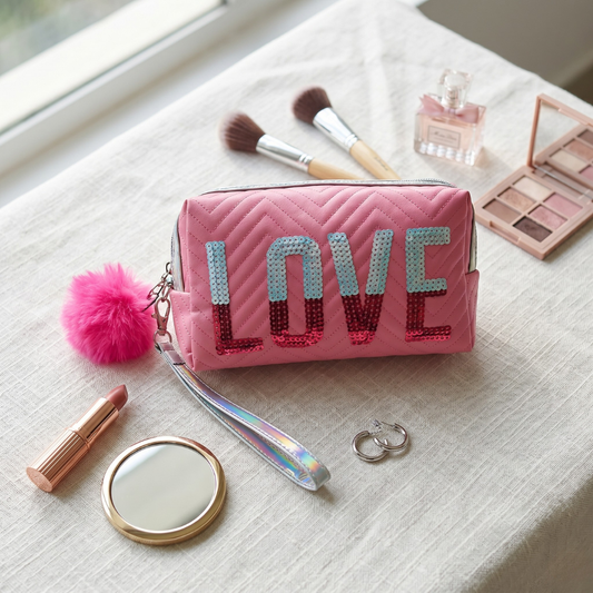 Premium Quilted LOVE Cosmetic Pouch - Hot Pink - Surovi Bags
