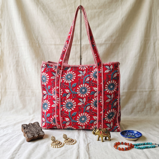 Quilted Jaipuri Tote Bag - Red Kalamkari - Surovi Bags