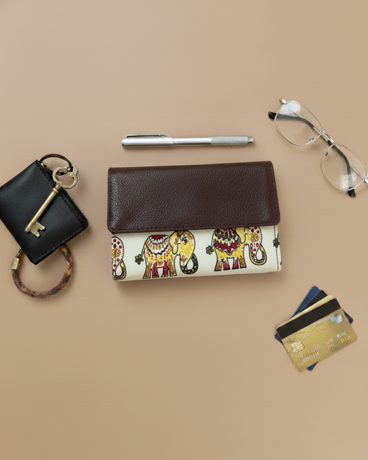 Ikat Elegance: Stylish 3-Fold Wallet in Vibrant Fabric - White Elephant