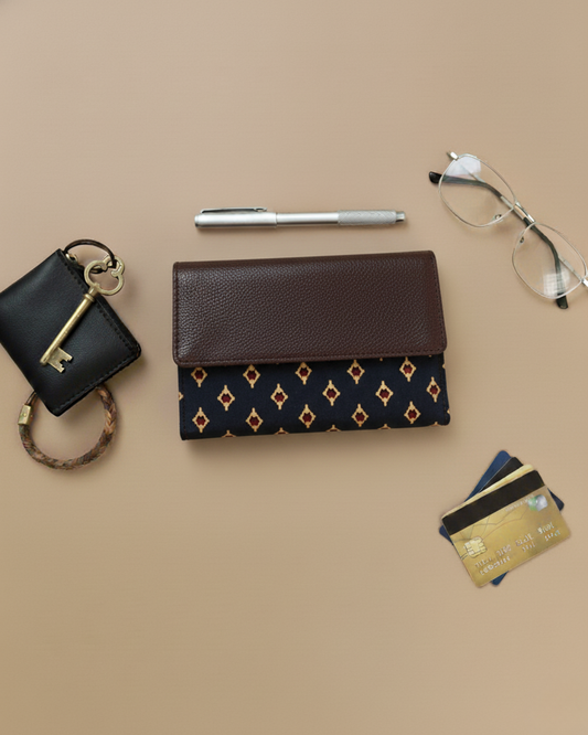 Ikat Elegance: Stylish 3-Fold Wallet in Vibrant Fabric - Black