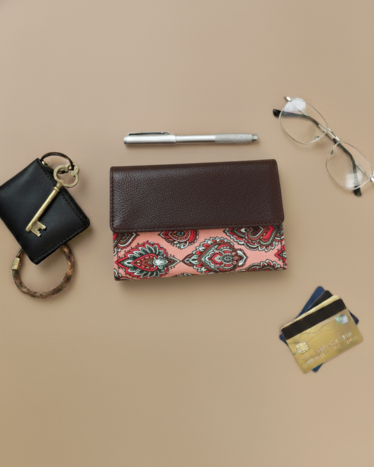 Ikat Elegance: Stylish 3-Fold Wallet in Vibrant Fabric - Peach