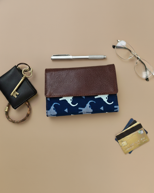 Ikat Elegance: Stylish 3-Fold Wallet in Vibrant Fabric - Blue Elephant