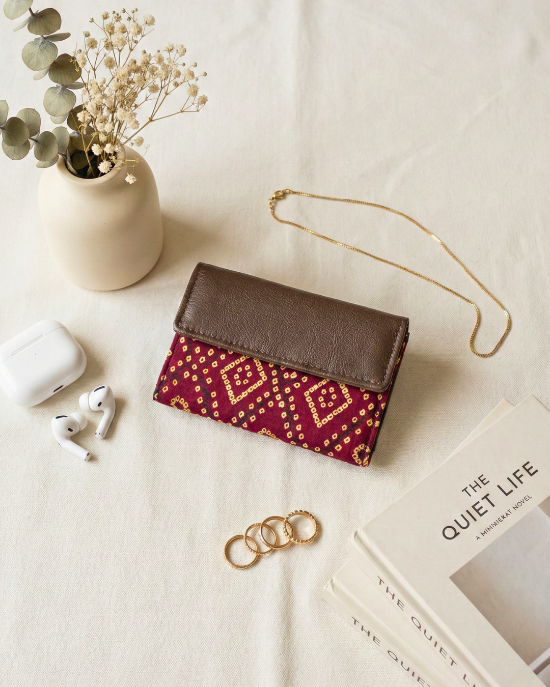 Ikat Elegance: Stylish 3-Fold Wallet in Vibrant Fabric - Red Bandejh - Surovi Bags