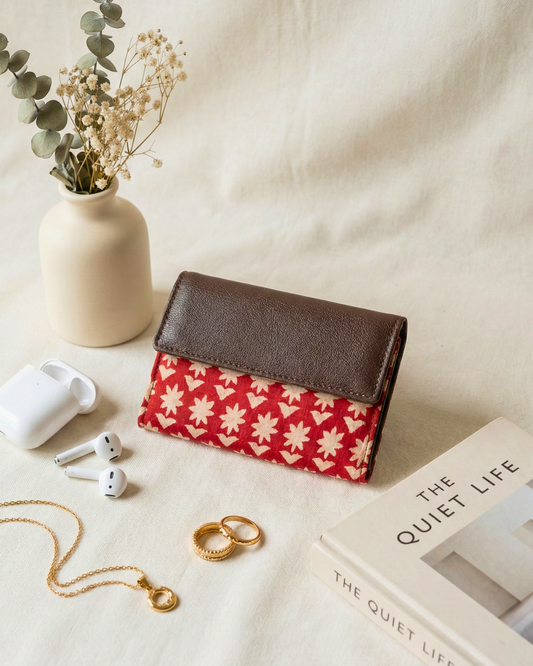 Ikat Elegance: Stylish 3-Fold Wallet in Vibrant Fabric - Red - Surovi Bags