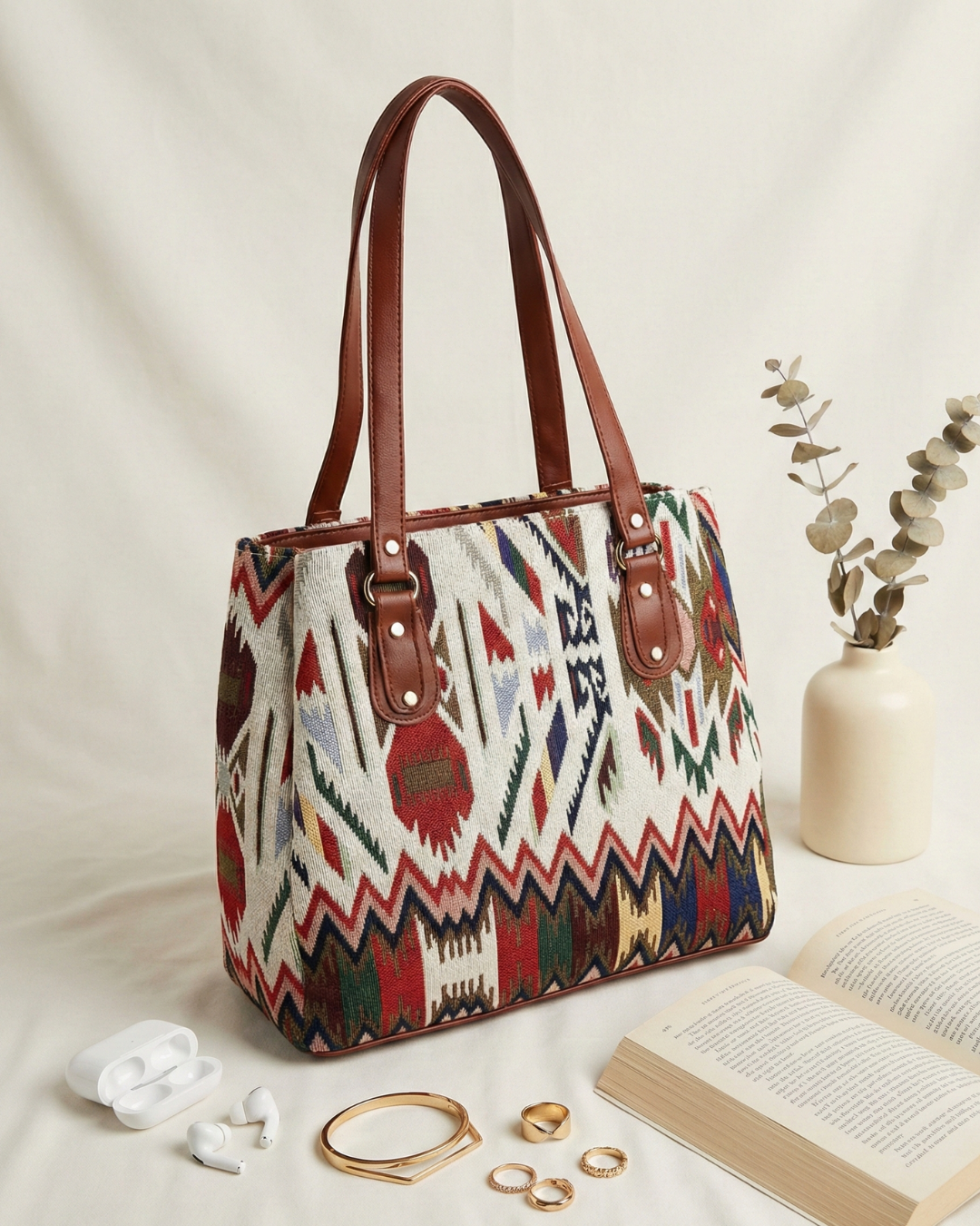 3 Partition Jacquard Tote Bags for Office - Tribal Weave - Surovi Bags