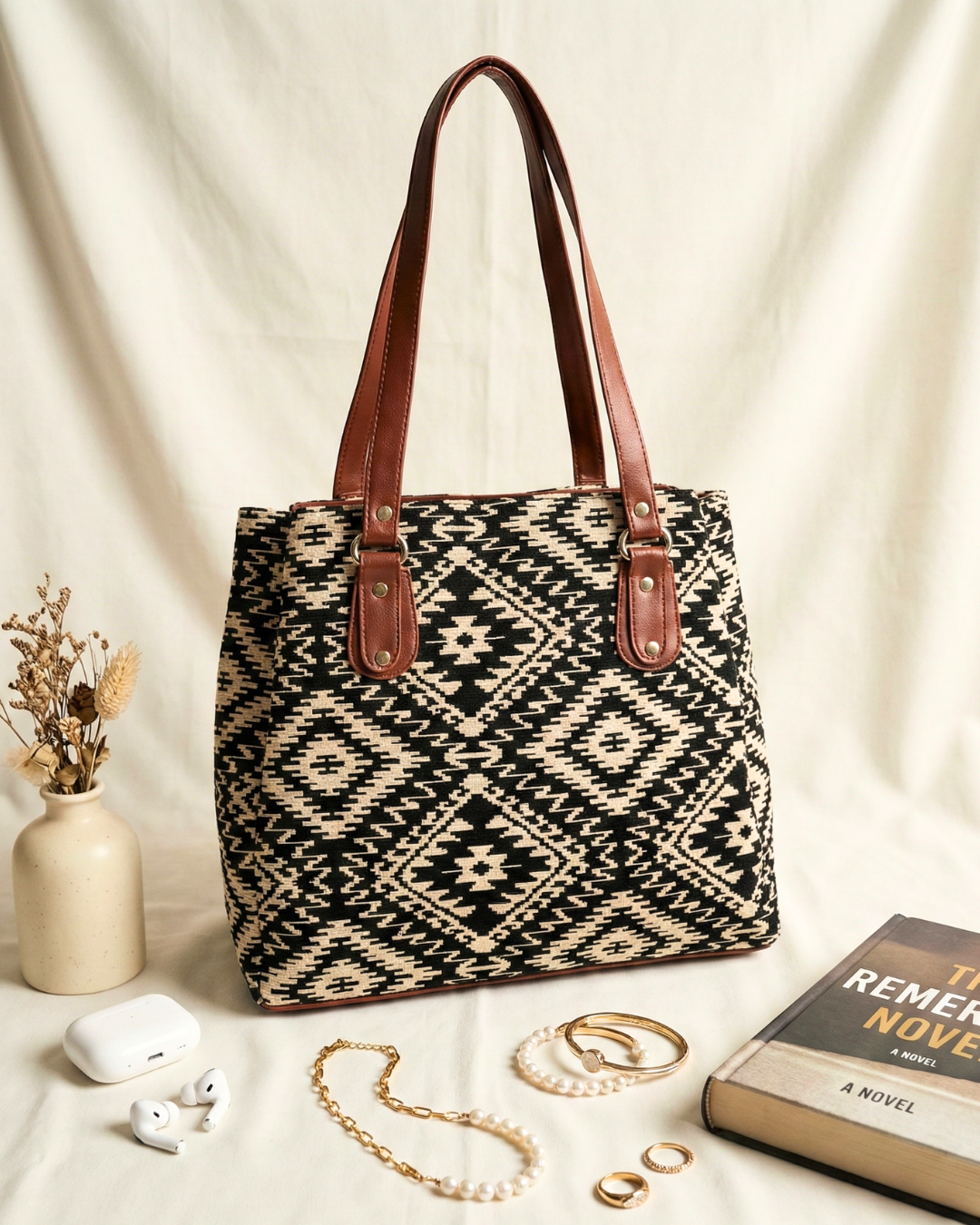 3 Partition Jacquard Tote Bags for Office - Black Tribal Weave - Surovi Bags