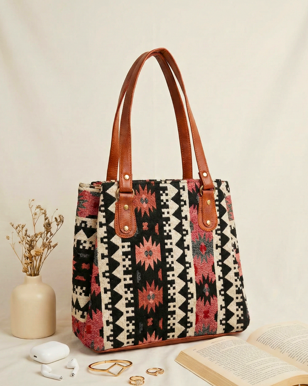 3 Partition Jacquard Tote Bags for Office - Orange Tribal Weave - Surovi Bags