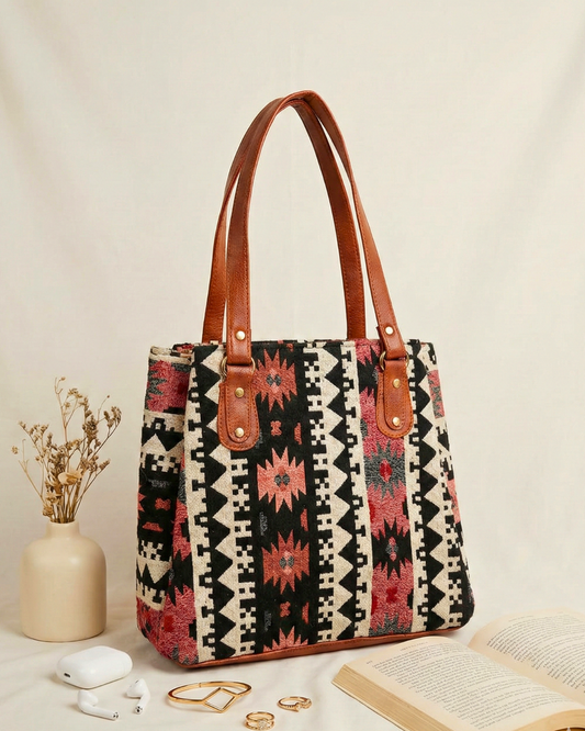 3 Partition Jacquard Tote Bags for Office - Orange Tribal Weave - Surovi Bags