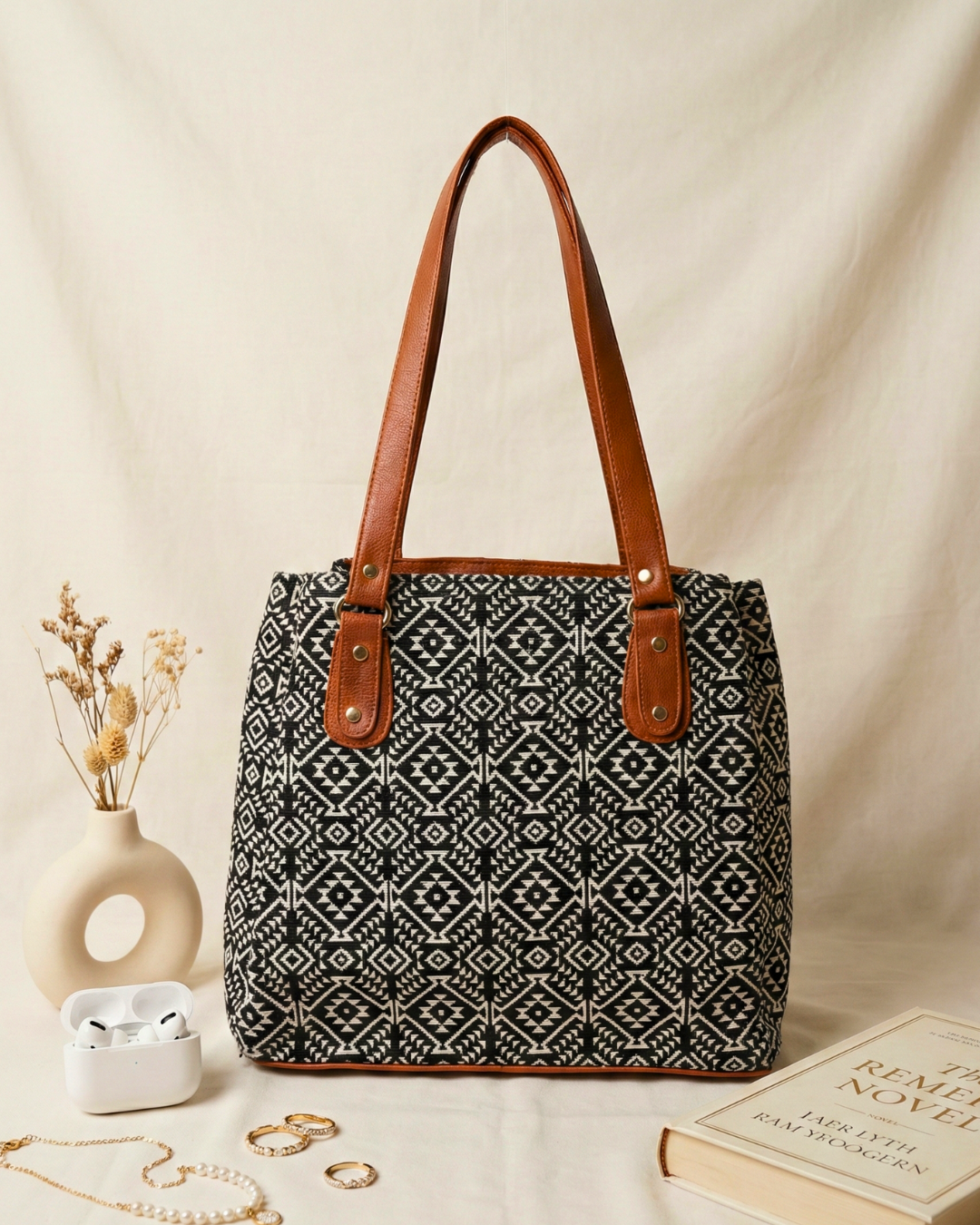 3 Partition Jacquard Tote Bags for Office - Black Weave - Surovi Bags