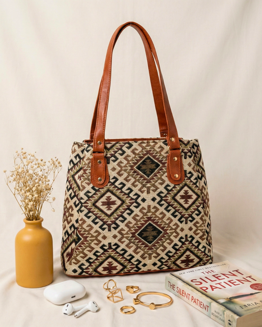 3 Partition Jacquard Tote Bags for Office - Cream Tribal Weave - Surovi Bags