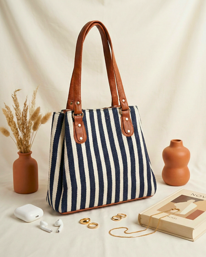 3 Partition Jacquard Tote Bags for Office - Strips - Surovi Bags