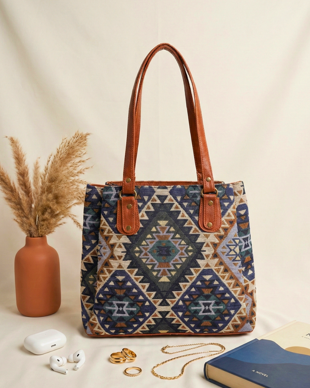 3 Partition Jacquard Tote Bags for Office - Navy Blue - Surovi Bags