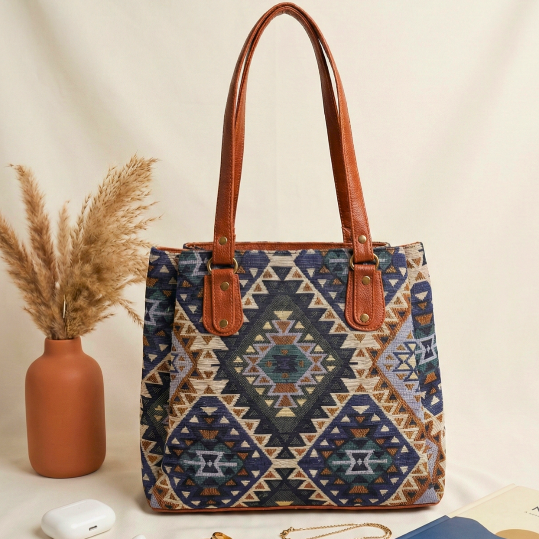3 Partition Jacquard Tote Bags for Office - Blue Tribal Weave