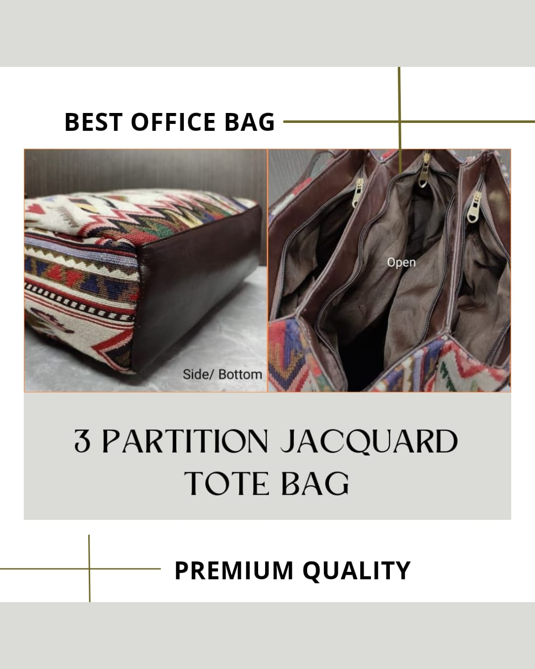 3 Partition Jacquard Tote Bags for Office - Black and Grey - Surovi Bags