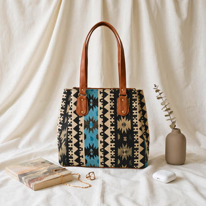 3 Partition Jacquard Tote Bags for Office - Blue Tribal Weave