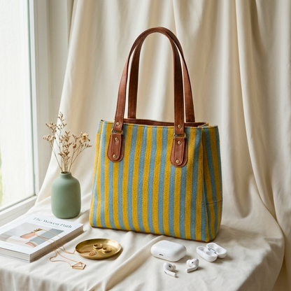 3 Partition Jacquard Tote Bags for Office - Yellow Strips