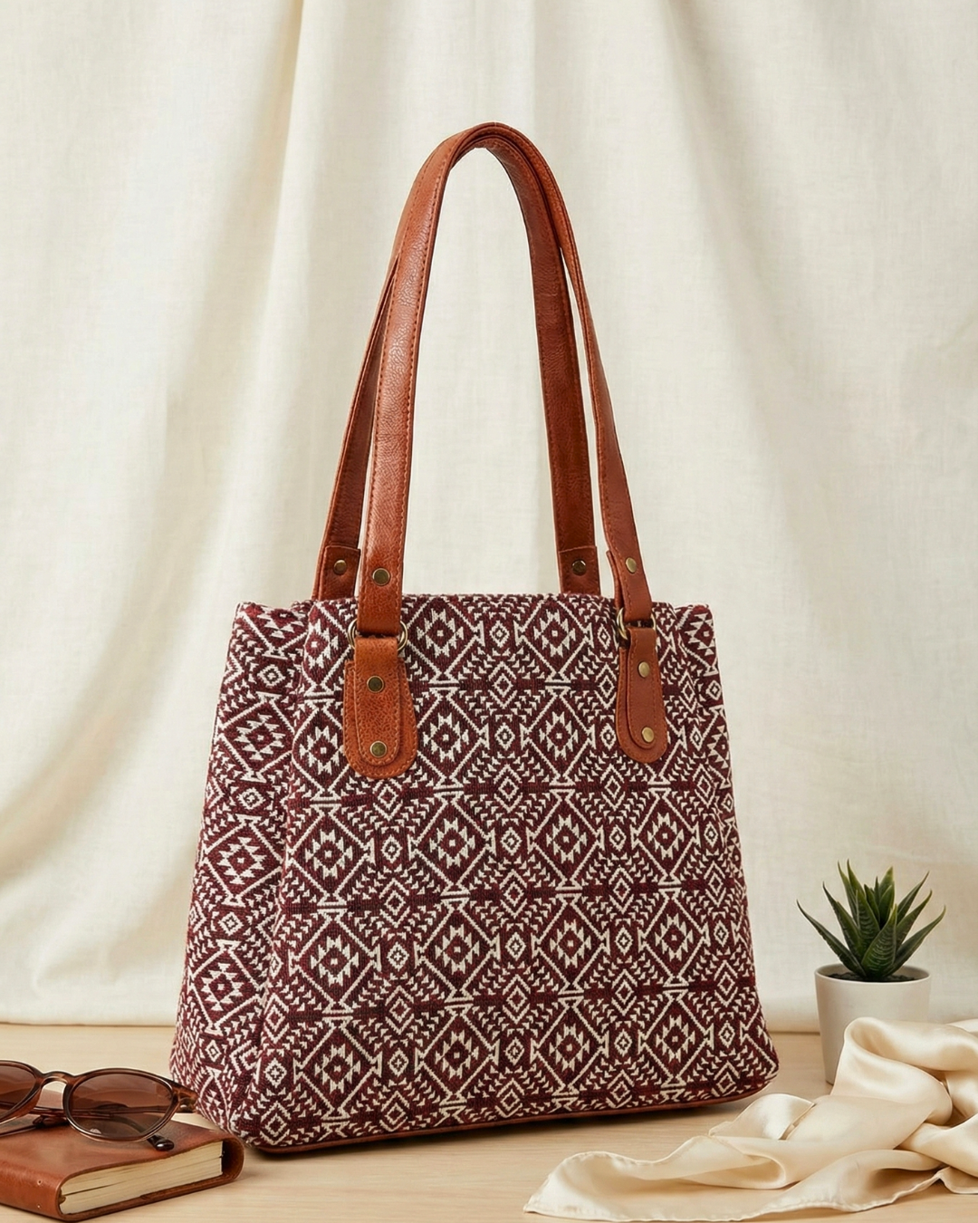 3 Partition Jacquard Tote Bags for Office - Red Weave