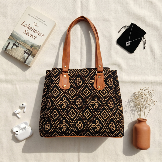 3 Partition Tote Bag for Women - Ajrak Printed - Surovi Bags