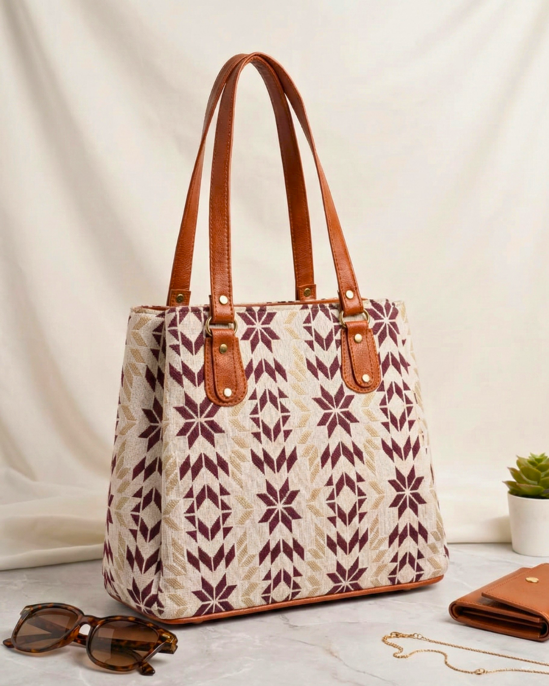3 Partition Jacquard Tote Bags for Office - Tribal Weave