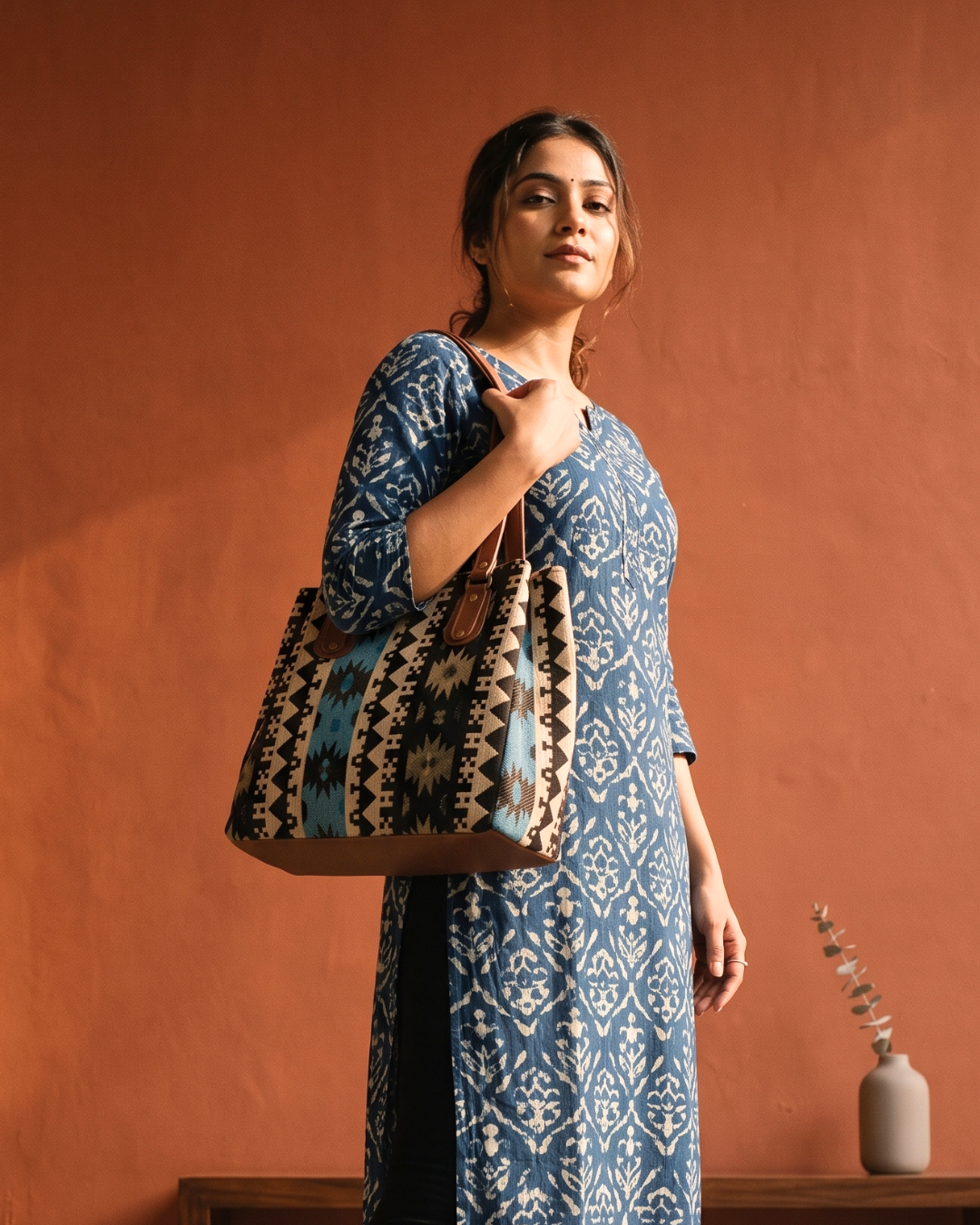 3 Partition Jacquard Tote Bags for Office - Blue Tribal Weave