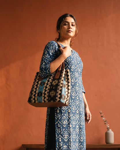 3 Partition Jacquard Tote Bags for Office - Blue Tribal Weave
