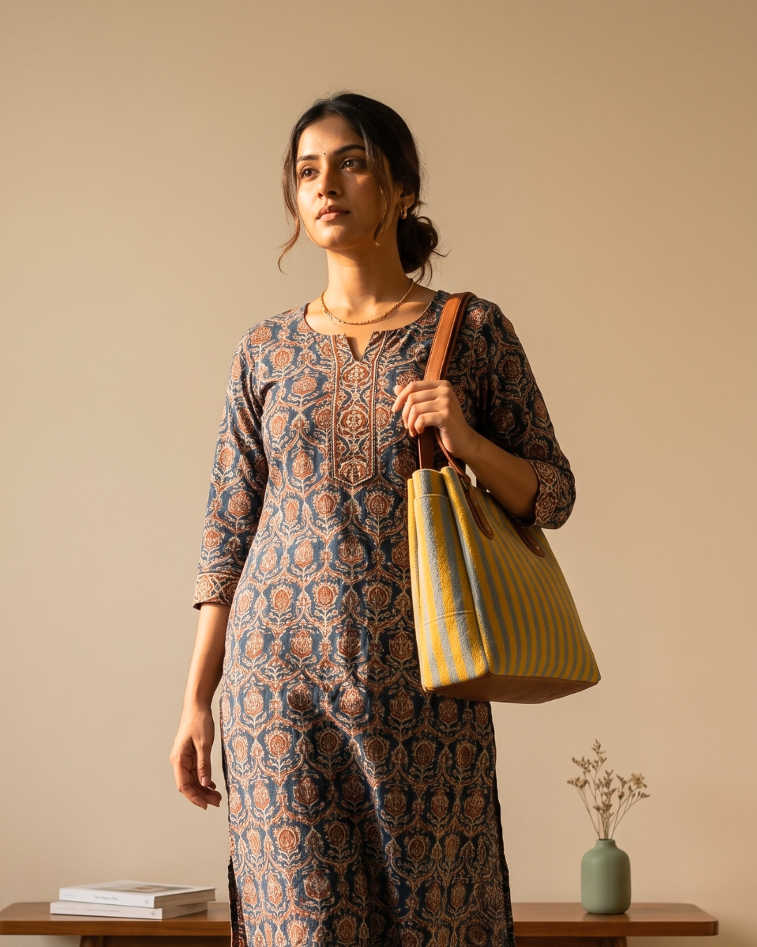 3 Partition Jacquard Tote Bags for Office - Yellow Strips