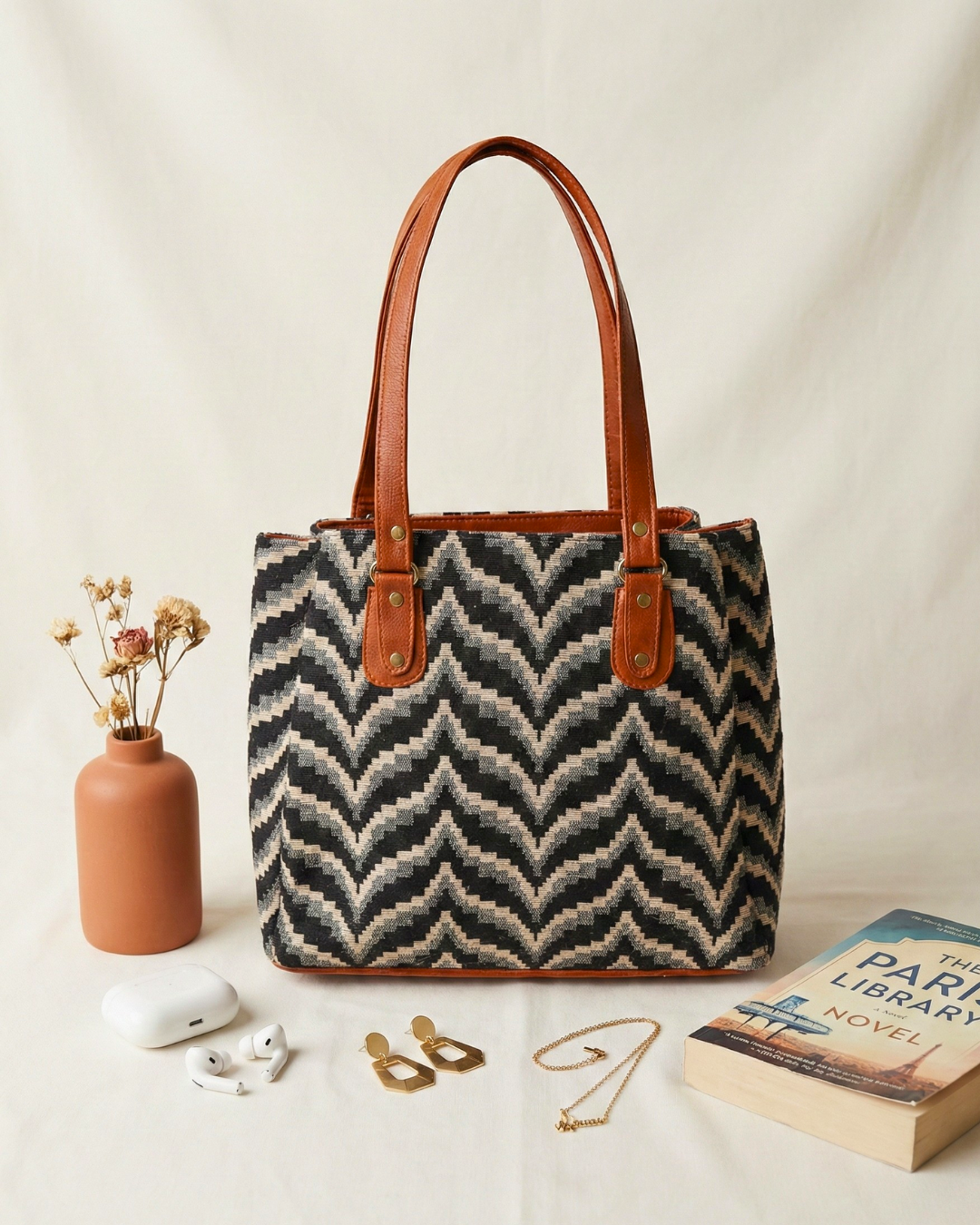 3 Partition Jacquard Tote Bags for Office - Black and Grey - Surovi Bags