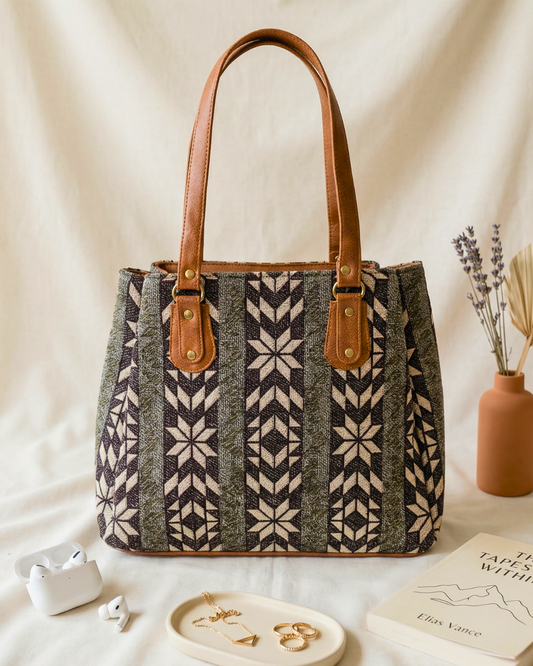 3 Partition Jacquard Tote Bags for Office - Grey Weave - Surovi Bags