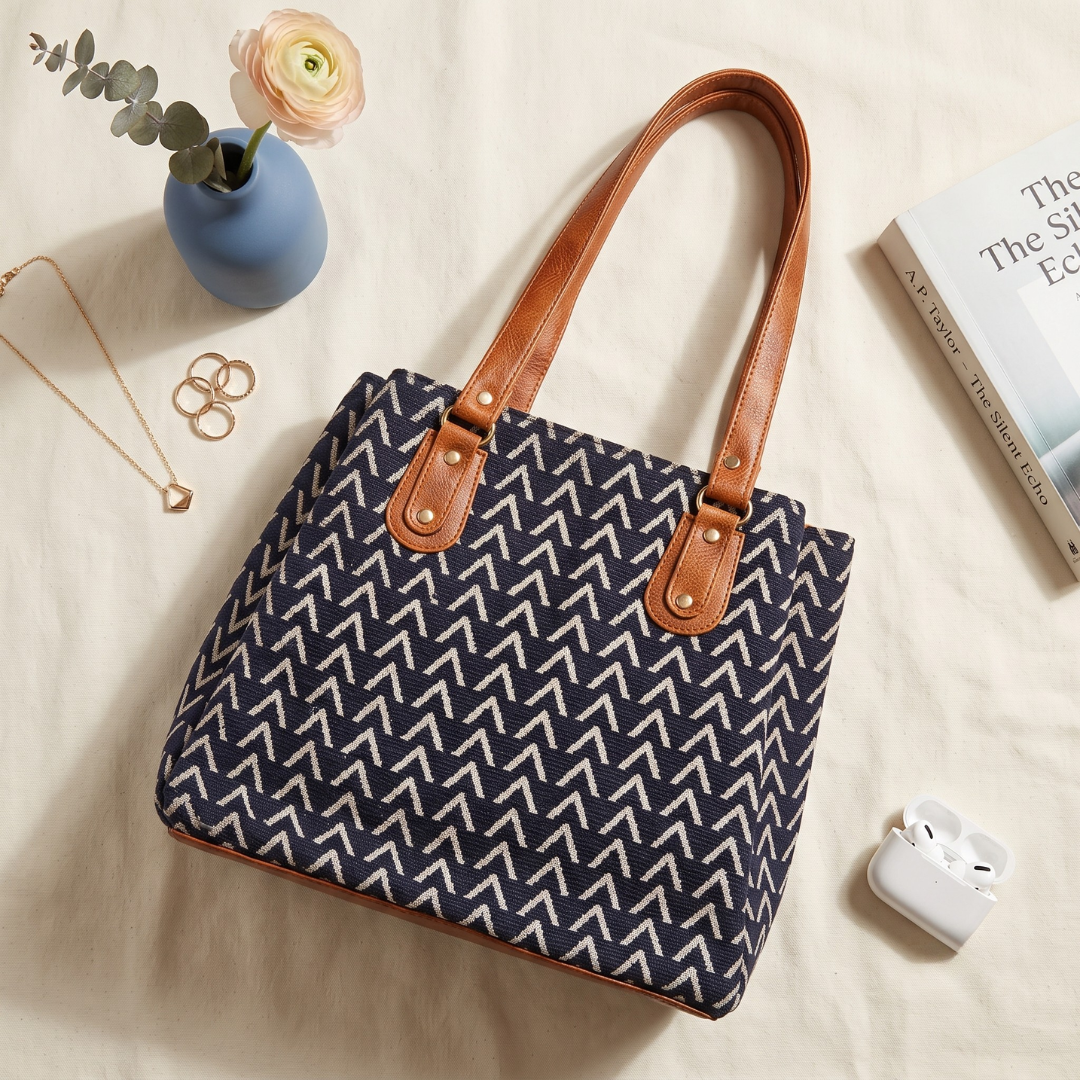 3 Partition Jacquard Tote Bags for Office - Blue Weave
