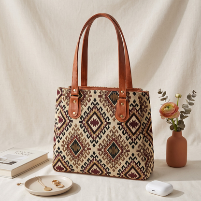 3 Partition Jacquard Tote Bags for Office - Cream Tribal Weave