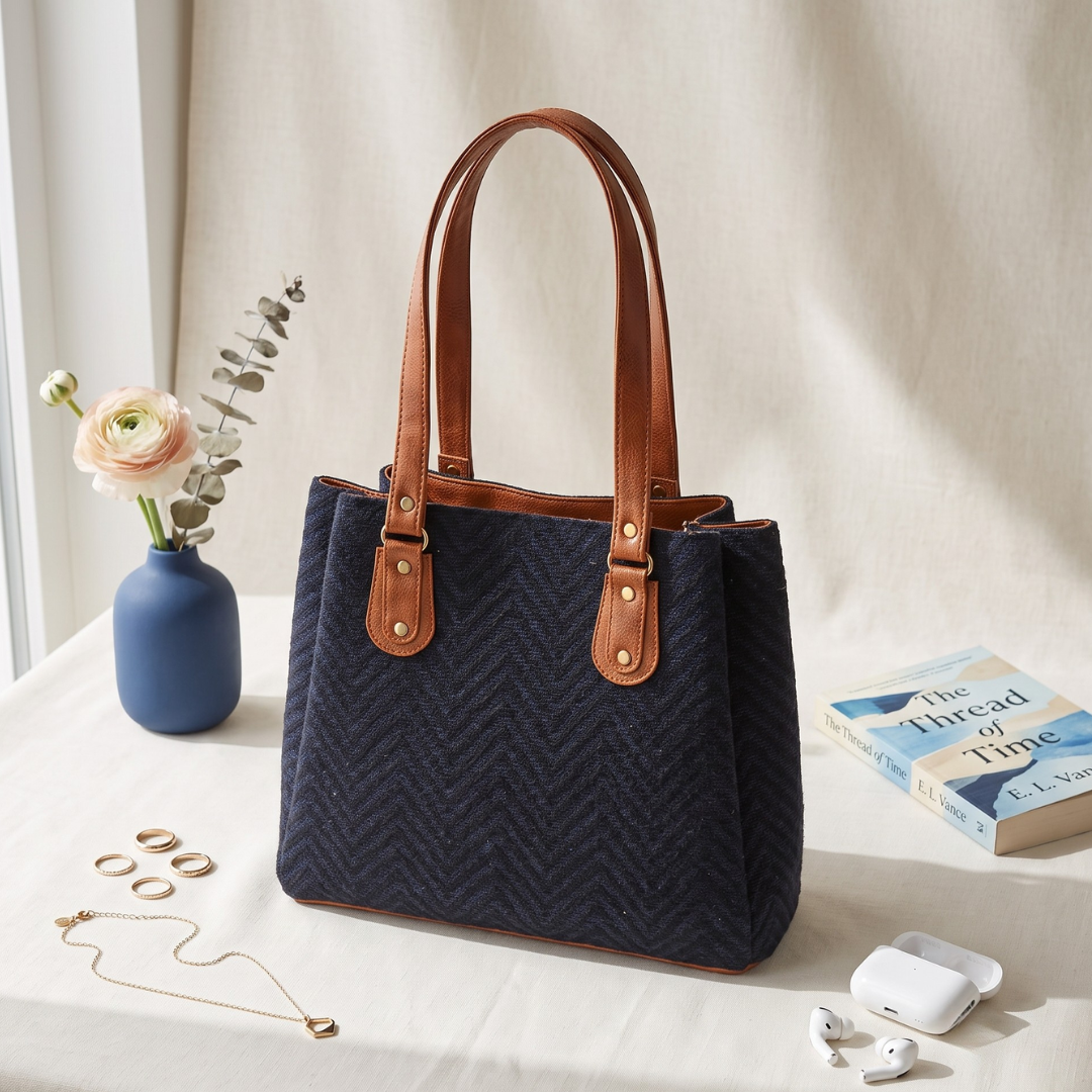 3 Partition Jacquard Tote Bags for Office - Navy Blue - Surovi Bags